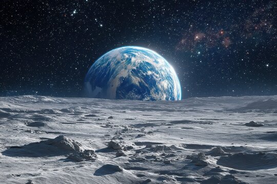 A vivid blue planet seen from the Moon's desolate surface beneath a starry sky