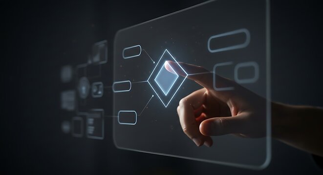 Hand interacting with a futuristic holographic interface displaying a flowchart or decision tree, symbolizing technology and innovation