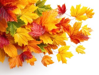 Vibrant fall foliage, maple leaves in a kaleidoscope of red, orange, and yellow, on white