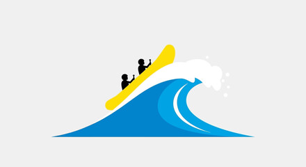 Silhouette of two people rafting on a yellow raft riding a blue wave with white foam.