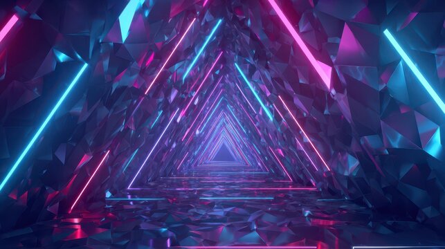 Abstract neon tunnel in a futuristic corridor with triangular background and blue-pink glow