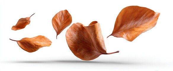 Five brown autumn leaves in mid-air, casting soft shadows on a white background
