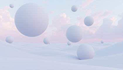 Soft pastel spheres floating in a dreamy abstract landscape