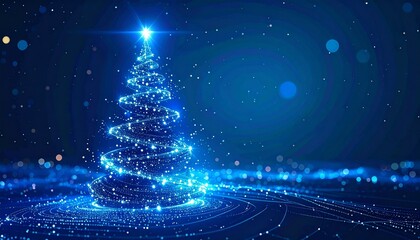 Digital christmas tree in futuristic design with lights. Dark blue background with bokeh. Concept of holiday greetings in IT technology and nano technology template