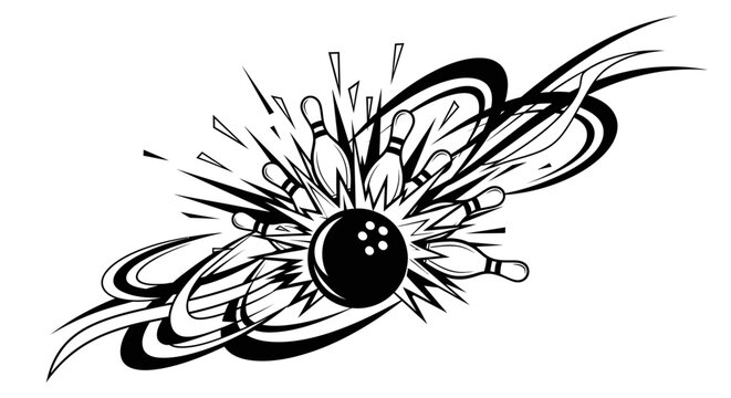 A bowling ball striking pins, creating a dynamic burst with graphic elements.