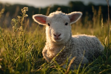 Obraz premium Adorable lamb enjoying tranquil countryside sun and meadow scene