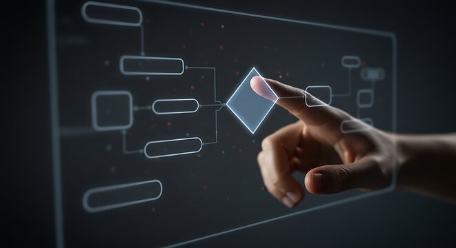 Futuristic interface with a hand selecting an option on a digital flowchart, highlighting technology, planning, and decisionmaking processes