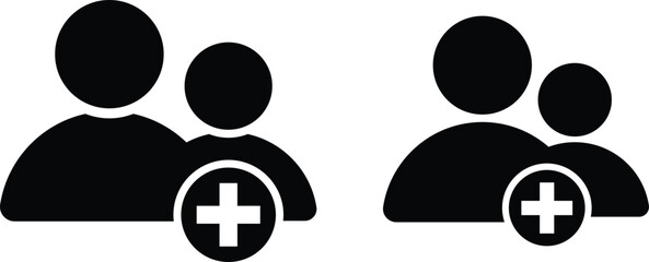 Group Invite icon set. Team invitation graphic designs. Send invitation symbols. Add person and group symbol