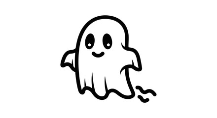 Cartoon ghost with a happy face and wavy trail, isolated on a white background.