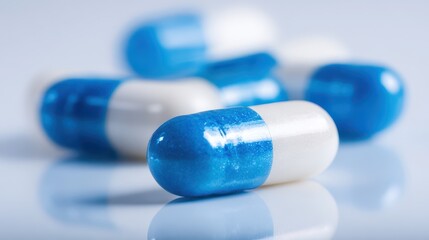 White and blue capsule pills on a clean white background with ample copy space for a banner