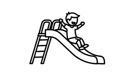 Line art of a boy joyfully sliding down a playground slide with arms raised.