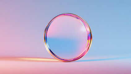 A circular glass lens floating on a pastel background