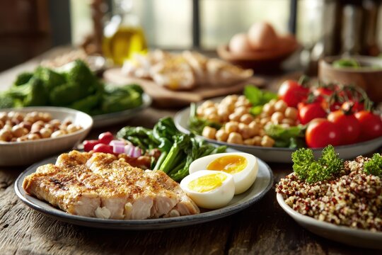 Wholesome diet concept with protein sources: mixed proteins and fresh vegetables in a balanced plate