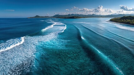 Fototapeta premium Wide Aerial View of Deep Blue Waters, Coastline and Distant Reef Formations