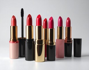 Obraz premium Close-up studio shot of assorted lipsticks and mascara, in a range of red and pink shades, against a plain white background