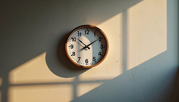 Wall clock with natural light casting shadows on the wall - Powered by Adobe