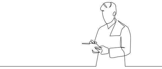 The doctor is writing a medical document in one continuous line. simple linear style. Editable stroke.