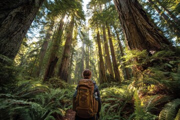 Woman hiker with backpack in a sunlit redwood forest along a winding trail