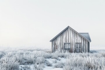 Winter tundra landscape with wood cabin nature rural architecture.