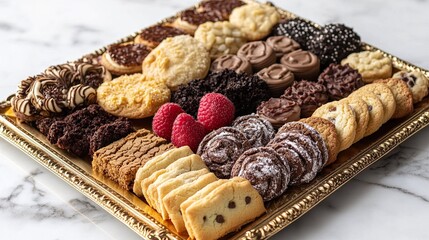 A variety of cookies and pastries served on a gold tray 