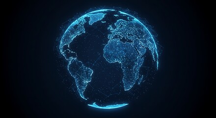 A glowing blue digital representation of planet earth, with interconnected points of light illustrating global networks and data connections