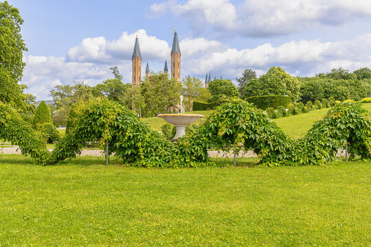 The palace garden in Neustrelitz in the direction of the palace church, the whole is the invention of the powerful and fun-loving Duchess Dorothea Sophie