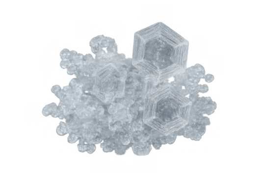 Ice crystals and frozen hexagonal shapes forming winter frost, creating a cold abstract pattern on transparent background