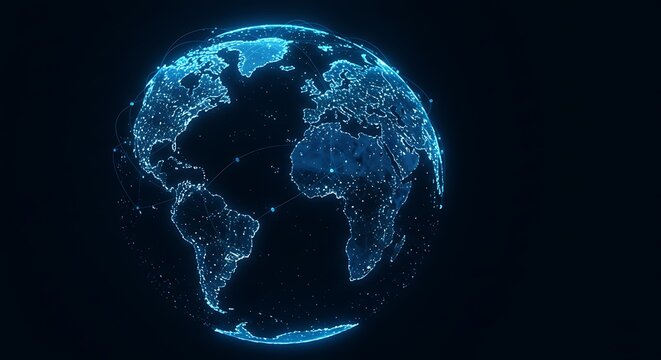A luminous blue digital globe showcasing the interconnectedness of the world through a web of light points, symbolizing global communication, data transfer, and technological reach - Powered by Adobe