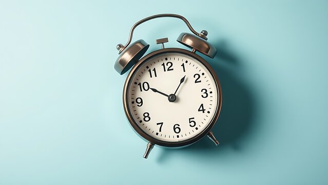Vintage alarm clock displayed on a soft blue background in a simple, elegant flat lay composition.