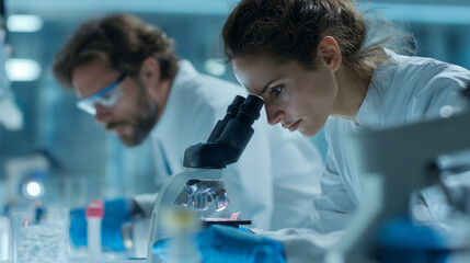 Two scientists working in a lab with a microscope and other lab equipment visible
