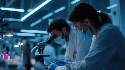 Two scientists working in a laboratory with a microscope and medical equipment near them