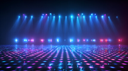 Bright glowing disco background of a vibrant lights wall. Disco party, blue neon lights for night club, pop music, dance party, celebration event. Disco wall LED lights. Stock Illustration