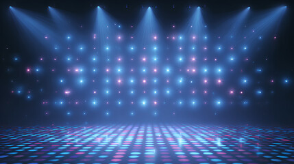 Bright glowing disco background of a vibrant lights wall. Disco party, blue neon lights for night club, pop music, dance party, celebration event. Disco wall LED lights. Stock Illustration