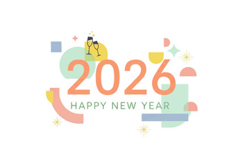 A stylized graphic design celebrating the year 2026 with champagne glasses and geometric shapes, wishing a Happy New Year.