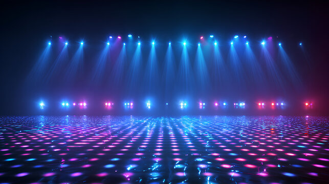 Bright glowing disco background of a vibrant lights wall. Disco party, blue neon lights for night club, pop music, dance party, celebration event. Disco wall LED lights. Stock Illustration