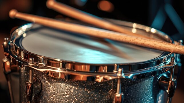 Close-Up View of Snare Drum with Drumsticks Resting on Drumhead Highlighting Sparkling Finish and Intricate Details in a Creative Music Setting