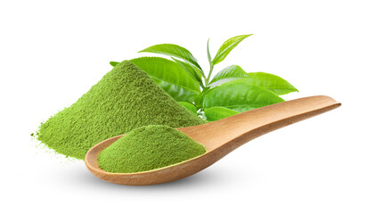 matcha green tea powder in wood spoon on transparent png