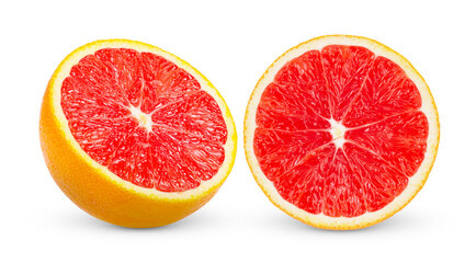 Ripe slice of pink grapefruit citrus fruit isolated on transparent png ( image from camera )