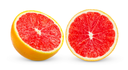 Ripe slice of pink grapefruit citrus fruit isolated on transparent png ( image from camera )