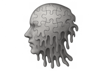 Human head transforming into melting puzzle pieces symbolizing memory loss, dementia, and mental health issues on transparent background