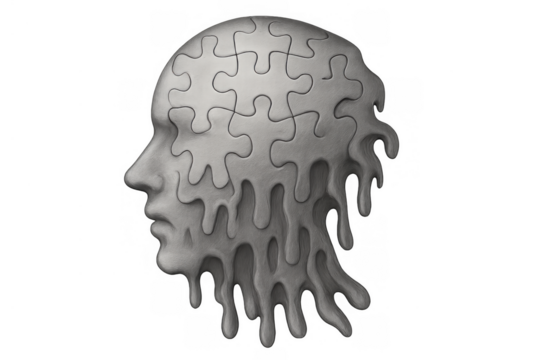 Human head transforming into melting puzzle pieces symbolizing memory loss, dementia, and mental health issues on transparent background