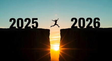 A silhouette of person jumps from 2025 to 2026 cliff in the sunset, symbolizing hope and moving forward. new year 2026, new year background 