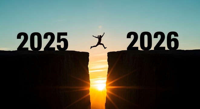A silhouette of person jumps from 2025 to 2026 cliff in the sunset, symbolizing hope and moving forward. new year 2026, new year background 