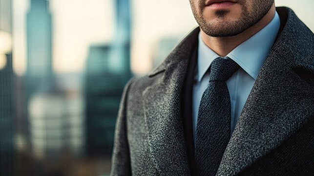 Sophisticated Businessman in Modern Urban Setting, Close-Up of Formal Attire, Stylish Coat and Tie, Professional Portrait with Cityscape Background - Powered by Adobe