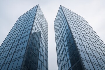 Fototapeta premium Two modern glass skyscrapers with mirrored facades standing tall against a cloudy sky, captured from a low angle showcasing architectural symmetry and design concept. Ai generative