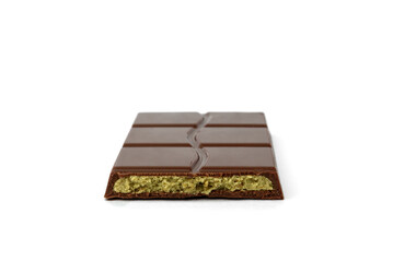 Dubai chocolate bar with with pistachio isolated on white background.