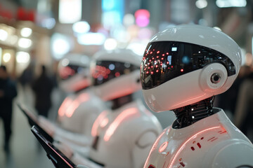 A series of advanced humanoid robots stand ready in a bustling urban environment, showcasing their sleek design and illuminated features amidst a vibrant backdrop.