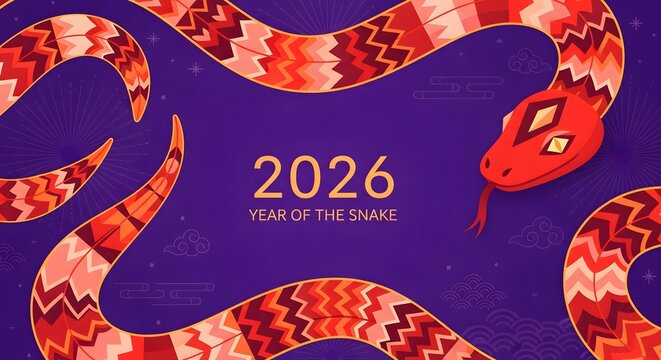 A vibrant illustration of a stylized snake coiled against a deep purple background, with text marking the 'Year of the Snake'. new year 2026, new year background 