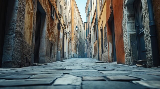 Narrow cobblestone alley with colorful buildings and soft morning light illuminating the ancient architecture in a historic town landscape - Powered by Adobe