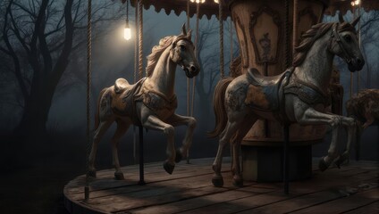 Eerie Carousel Horses in Dim Light, Abandoned Amusement Park.